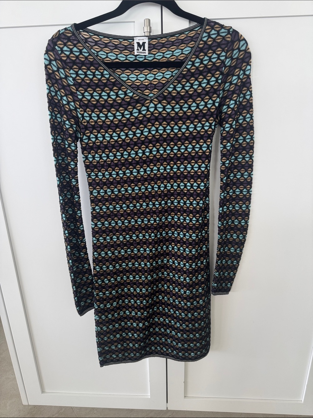 M by Missoni Black Teal Purple Geometric Knit Long Sleeve Dress
